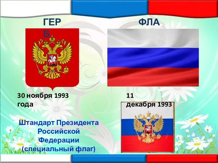 Штандарт Президента Российской Федерации (специальный флаг) 11 декабря 1993 30 ноября 1993 года ГЕРБ ФЛАГ