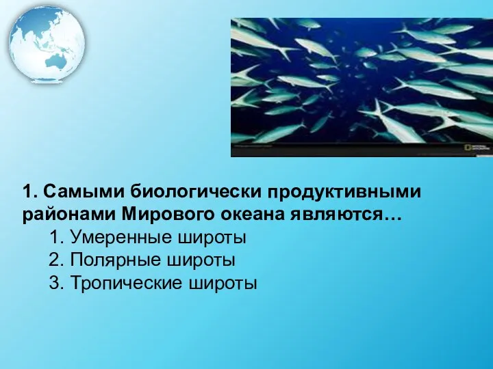 1. Самыми биологически продуктивными районами Мирового океана являются… 1. Умеренные