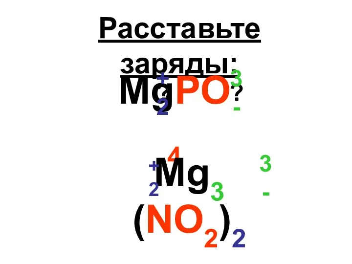 Расставьте заряды: MgPO4 ? ? 3- +2 Mg3 (NO2)2 3- +2
