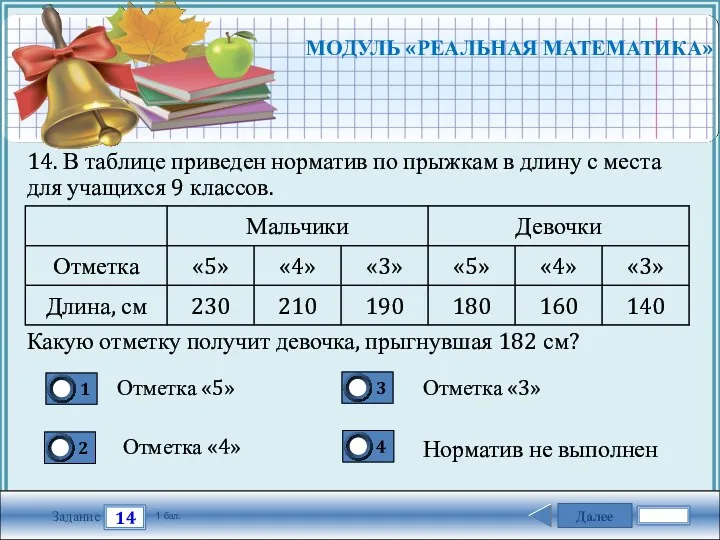 Далее 14 Задание 1 бал. МОДУЛЬ «РЕАЛЬНАЯ МАТЕМАТИКА» 14. В