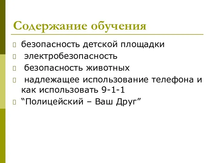 Содержание обучения безопасность детской площадки электробезопасность безопасность животных надлежащее использование