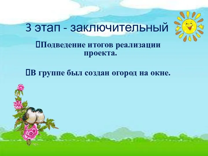 3 этап - заключительный Подведение итогов реализации проекта. В группе был создан огород на окне.