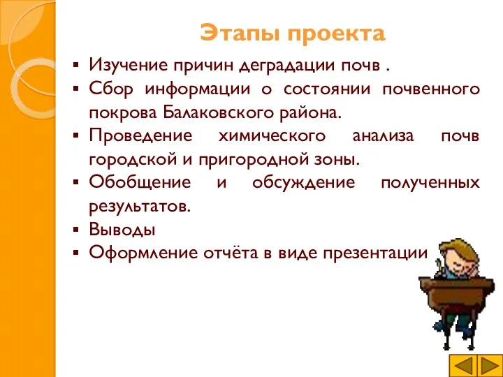 Этапы проекта Изучение причин деградации почв . Сбор информации о состоянии почвенного покрова