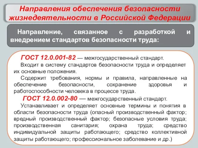 Направления обеспечения безопасности жизнедеятельности в Российской Федерации ГОСТ 12.0.001-82 — межгосударственный стандарт. Входит