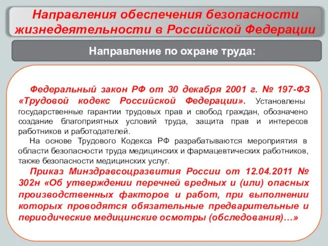 Направления обеспечения безопасности жизнедеятельности в Российской Федерации Федеральный закон РФ от 30 декабря