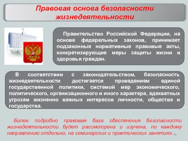 Правовая основа безопасности жизнедеятельности Правительство Российской Федерации, на основе федеральных законов, принимает подзаконные