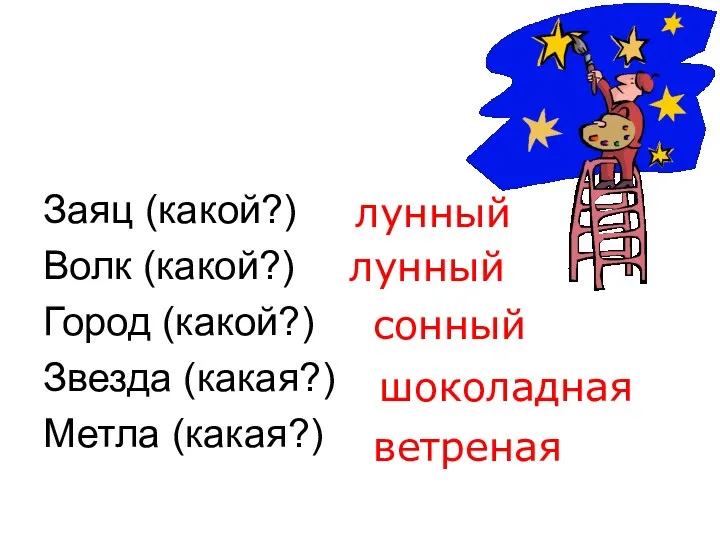 Заяц (какой?) Волк (какой?) Город (какой?) Звезда (какая?) Метла (какая?) лунный лунный сонный шоколадная ветреная