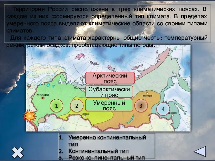 1 2 3 4 Арктический пояс Субарктический пояс Умеренный пояс Территория России расположена