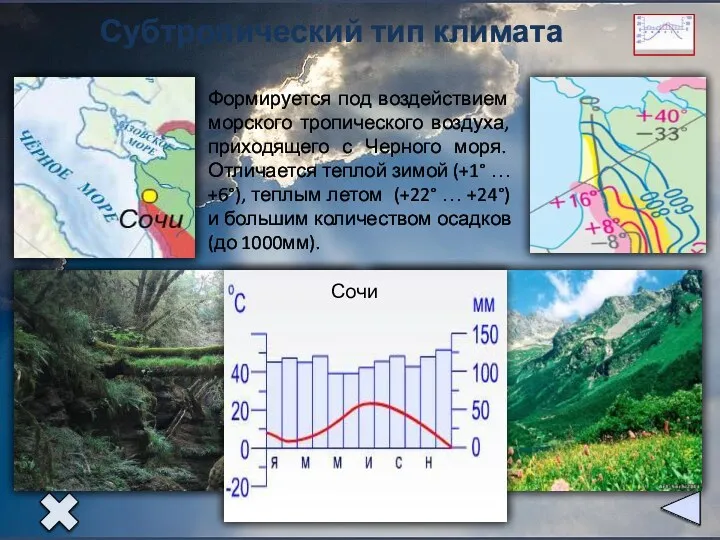 Субтропический тип климата Формируется под воздействием морского тропического воздуха, приходящего с Черного моря.