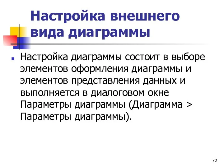 Настройка внешнего вида диаграммы Настройка диаграммы состоит в выборе элементов