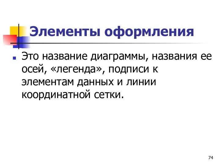 Элементы оформления Это название диаграммы, названия ее осей, «легенда», подписи