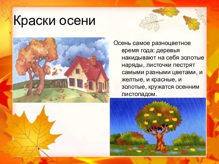 Краски осени Осень самое разноцветное время года: деревья накидывают на