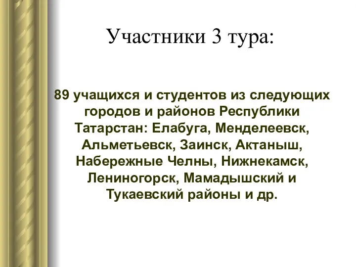 Участники 3 тура: 89 учащихся и студентов из следующих городов