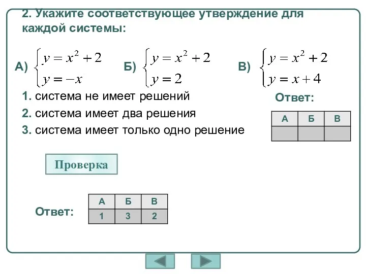 2. Укажите соответствующее утверждение для каждой системы: 1. система не