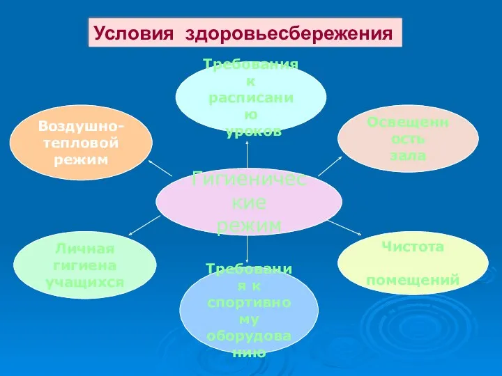 Условия здоровьесбережения Требования к расписанию уроков Воздушно- тепловой режим Личная