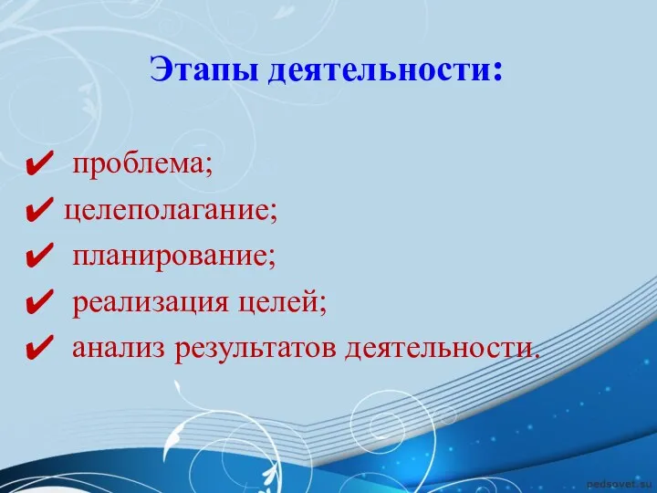 Этапы деятельности: проблема; целеполагание; планирование; реализация целей; анализ результатов деятельности.