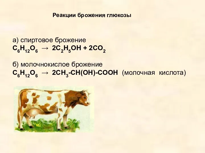 Реакции брожения глюкозы а) спиртовое брожение C6H12O6 → 2C2H5OH +