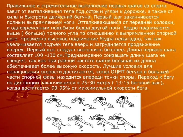 Правильное и стремительное выполнение первых шагов со старта завит от выталкивания тела под