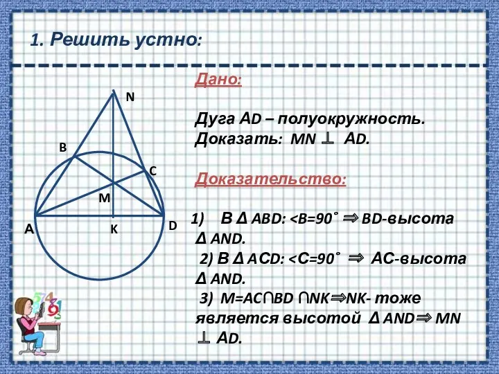 1. Решить устно: Дано: Дуга АD – полуокружность. Доказать: MN  АD. Доказательство: