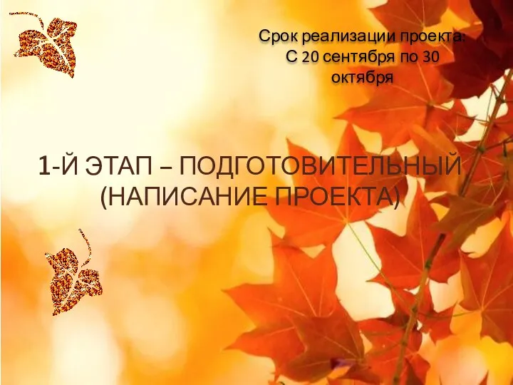 Срок реализации проекта: С 20 сентября по 30 октября 1-й этап – подготовительный (написание проекта)