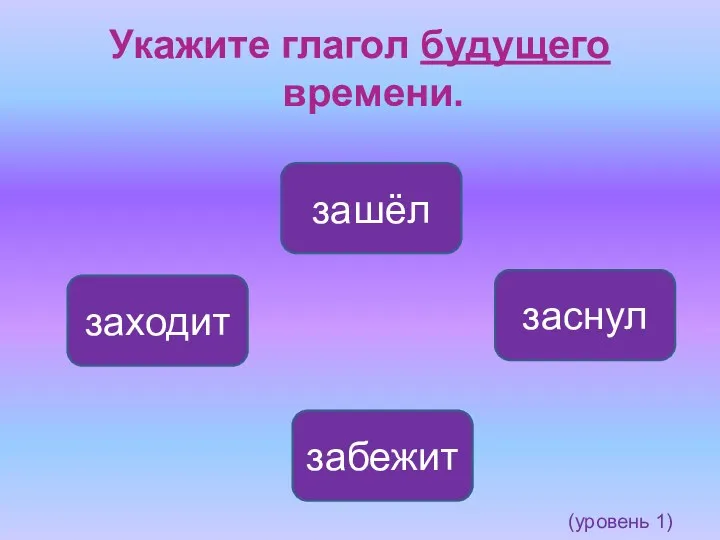 Укажите глагол будущего времени. забежит заходит заснул зашёл (уровень 1)