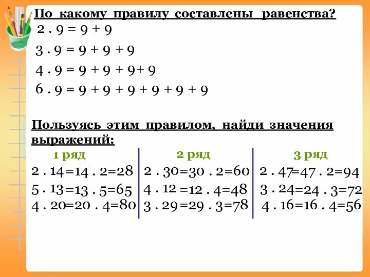 По какому правилу составлены равенства? 2 . 9 = 9