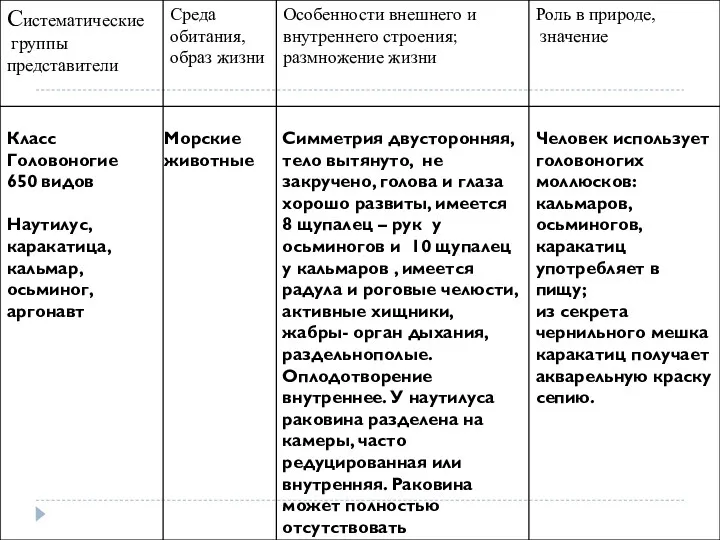 Класс Головоногие 650 видов Наутилус, каракатица, кальмар, осьминог, аргонавт Морские