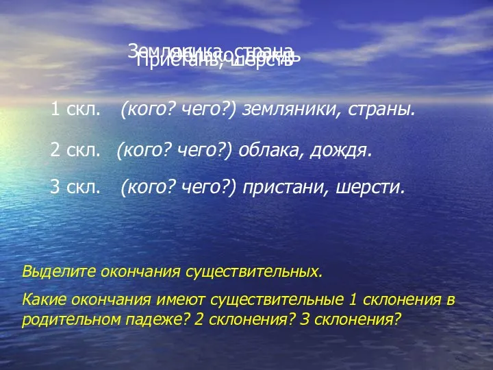 Земляника, страна 1 скл. (кого? чего?) земляники, страны. Облако, дождь