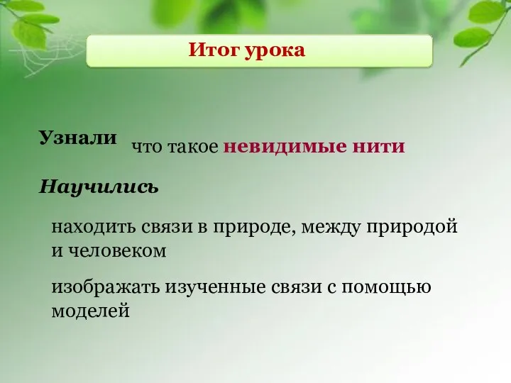 Итог урока Узнали Научились что такое невидимые нити находить связи