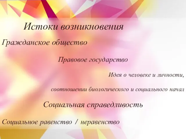 Истоки возникновения Гражданское общество Правовое государство Идея о человеке и