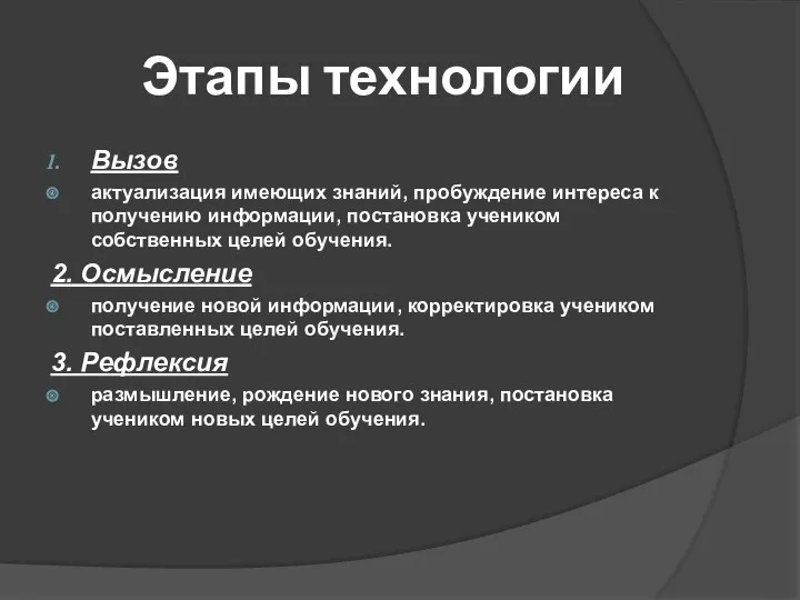 Этапы технологии Вызов актуализация имеющих знаний, пробуждение интереса к получению