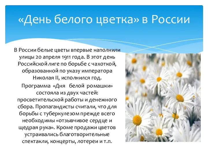 В России белые цветы впервые наполнили улицы 20 апреля 1911 года. В этот