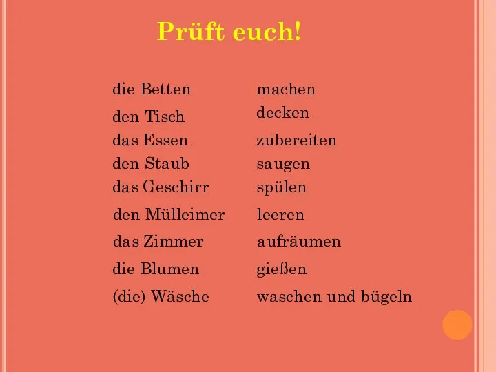 Prüft euch! die Betten machen den Tisch decken das Essen