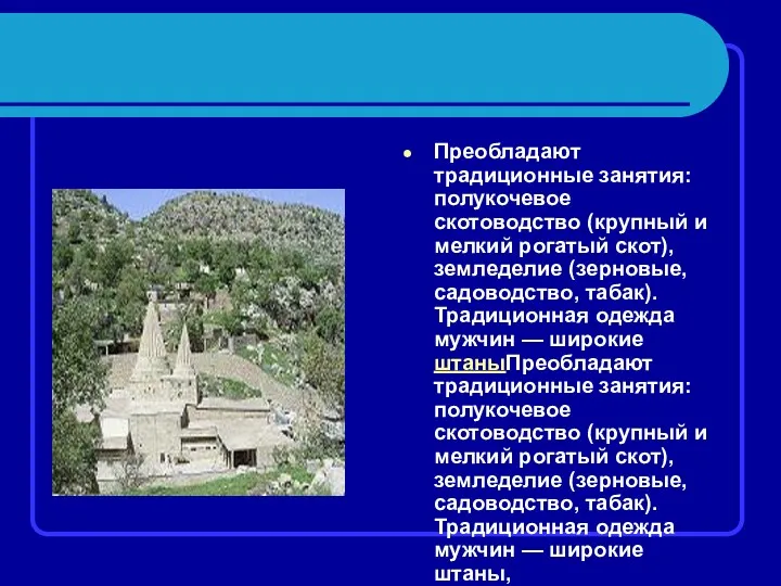 Преобладают традиционные занятия: полукочевое скотоводство (крупный и мелкий рогатый скот),