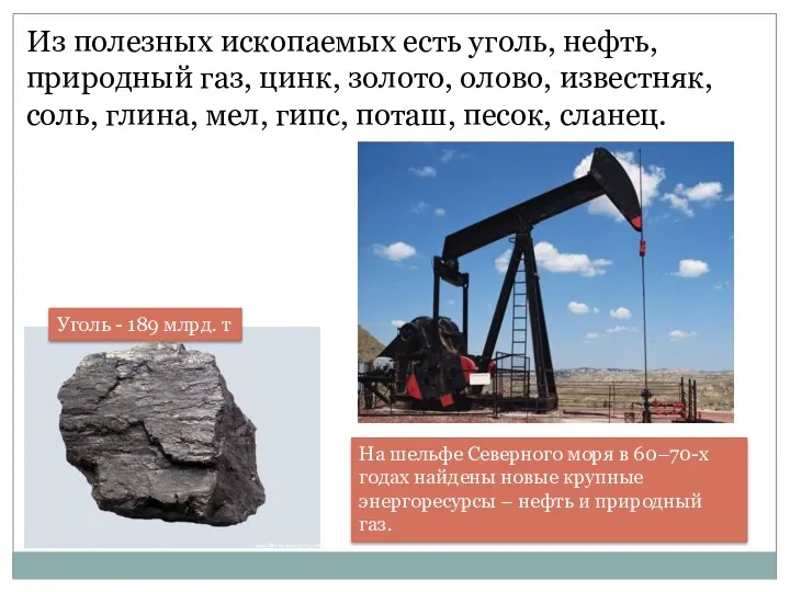 Из полезных ископаемых есть уголь, нефть, природный газ, цинк, золото,