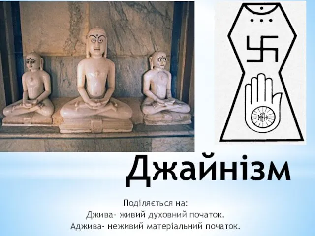 Джайнізм Поділяється на: Джива- живий духовний початок. Аджива- неживий матеріальний початок.