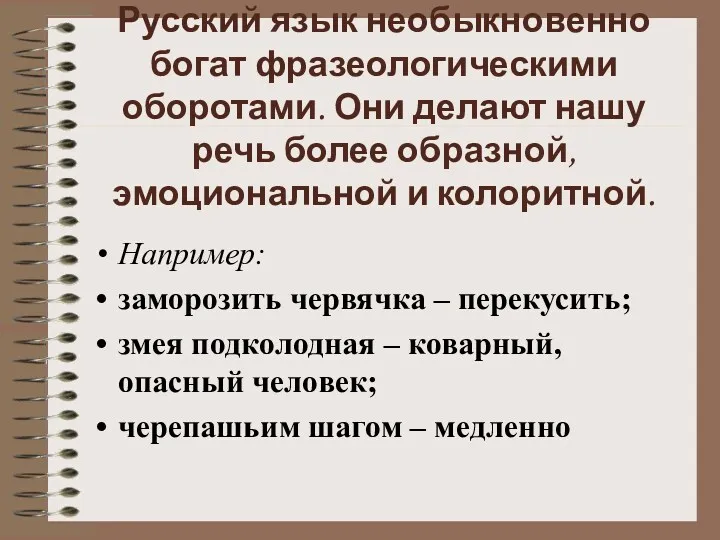 Русский язык необыкновенно богат фразеологическими оборотами. Они делают нашу речь