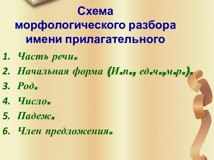 Схема морфологического разбора имени прилагательного Часть речи. Начальная форма (И.п., ед.ч.,м.р.). Род. Число. Падеж. Член предложения.