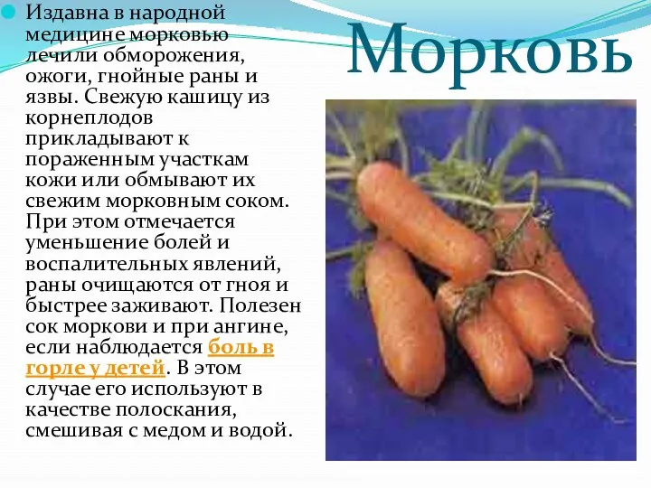 Морковь Издавна в народной медицине морковью лечили обморожения, ожоги, гнойные раны и язвы.