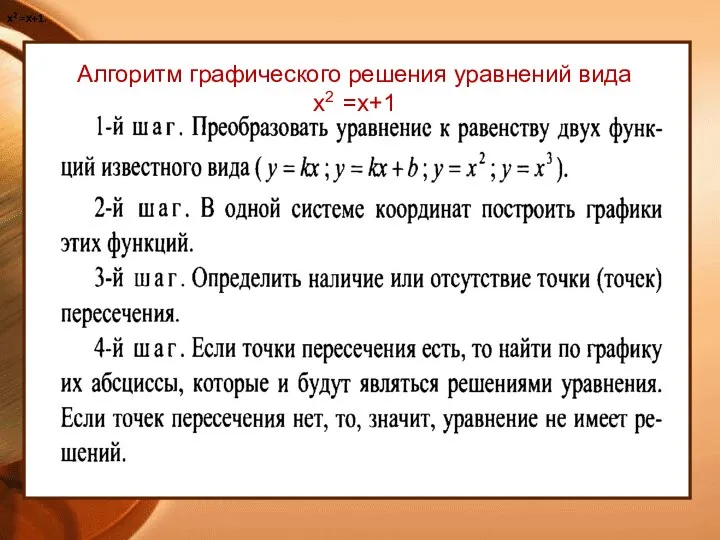 Алгоритм графического решения уравнений вида х2 =х+1 х2 =х+1. х2 =х+1. х2 =х+1.