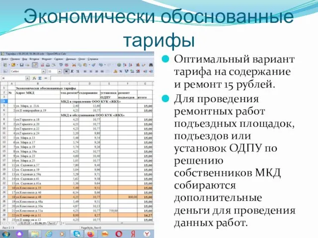 Экономически обоснованные тарифы Оптимальный вариант тарифа на содержание и ремонт