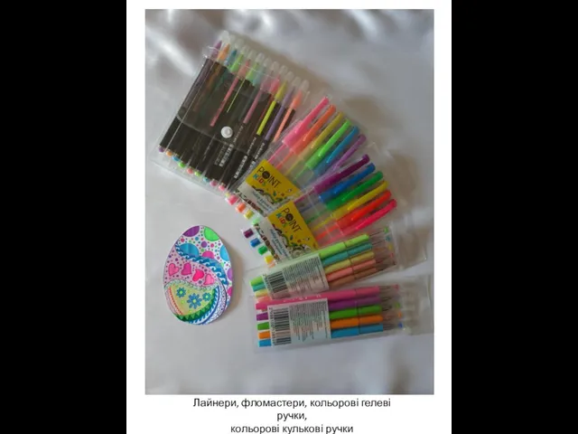 Лайнери, фломастери, кольорові гелеві ручки, кольорові кулькові ручки