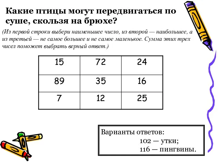 Варианты ответов: 102 — утки; 116 — пингвины. (Из первой