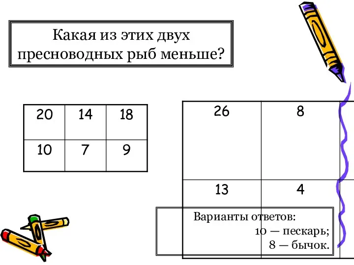 Какая из этих двух пресноводных рыб меньше? Варианты ответов: 10 — пескарь; 8 — бычок.