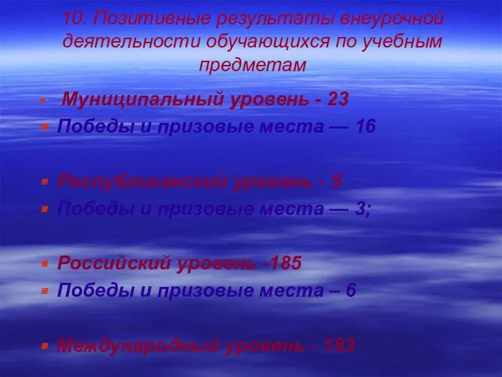 10. Позитивные результаты внеурочной деятельности обучающихся по учебным предметам Муниципальный