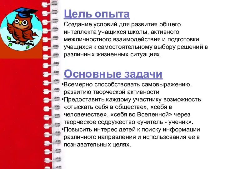 Цель опыта Создание условий для развития общего интеллекта учащихся школы,