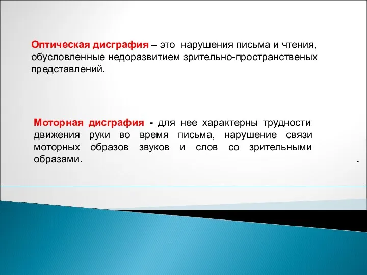 . Оптическая дисграфия – это нарушения письма и чтения, обусловленные недоразвитием зрительно-пространственых представлений.