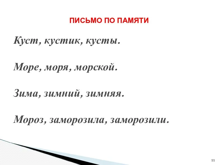 Куст, кустик, кусты. Море, моря, морской. Зима, зимний, зимняя. Мороз, заморозила, заморозили. ПИСЬМО ПО ПАМЯТИ