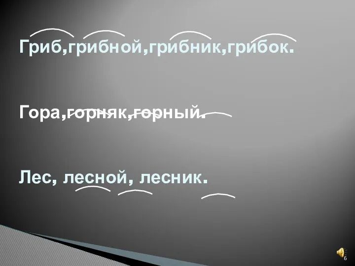 Гриб,грибной,грибник,грибок. Гора,горняк,горный. Лес, лесной, лесник.