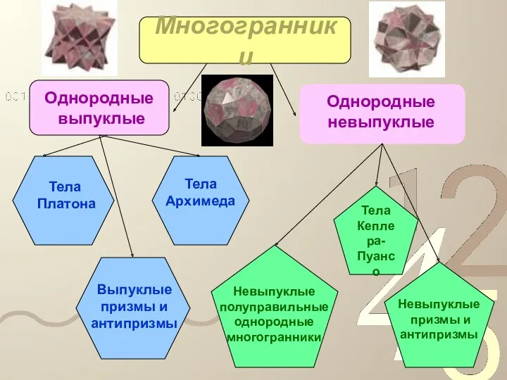 Многогранники Однородные выпуклые Однородные невыпуклые Тела Архимеда Тела Платона Выпуклые призмы и антипризмы